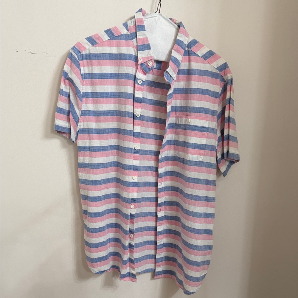 Striped Short Sleeve Shirt - Pink, Blue, White. Size large slim fit